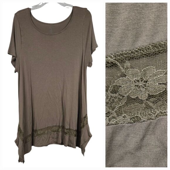Lane Bryant 14/16 Soft Knit Tee Top Brown Lace Sharkbite Pullover Lightweight - Picture 1 of 10